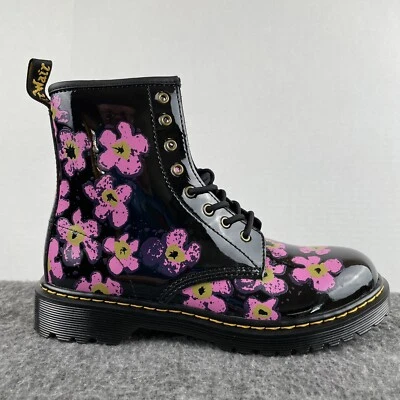 Dr. Martens женщин 1460Y цветочный черный розовый лакированная кожа ботинки женщин Sz 6 новый - Изображение 1 из 4