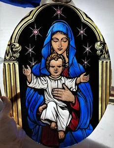 Vintage GROSSE ovale Buntglas Fenster Türverkleidung Einsatz religiöse Madonna Jesus NEU - Bild 1 von 4