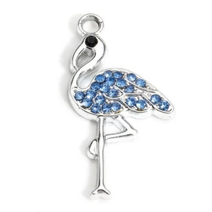 5 x  Sparkly Flamingo Silver Tone Charm Pendants with Blue Rhinestones - Picture 1 of 1