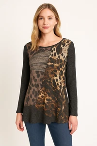 Ali Miles Sweater Size 1X Animal Print Brown Artsy Lagenlook Wearable Art Mature - Picture 1 of 12
