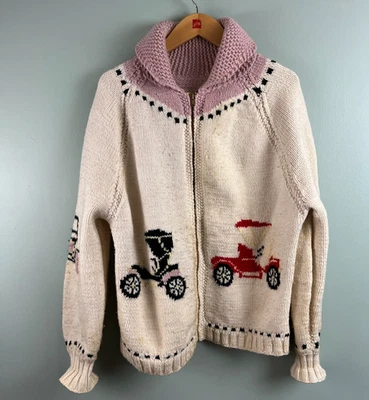 VTG Pink Cowichan Handmade Wool Chunky Knit Cardigan Sweater LXL? Car Zip Marks - Image 1 of 4