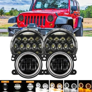 For Jeep Wrangler TJ CJ 7" LED Headlight Round Hi/Lo Beam+ 4" Amber Fog Light - Picture 1 of 12