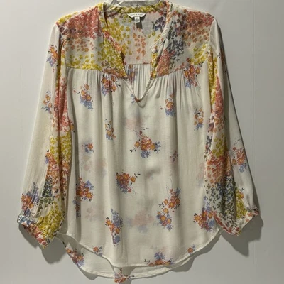 LUCKY BRAND Blouse Women Sz L White Floral Cottagecore Flowy V-Neck L/S Tunic - Image 1 of 4