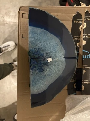 Natural Blue Agate Geode Quartz Bookends Polished Stone Pair 5" Crystal Decor - Image 1 of 4