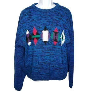 Vintage 80s Geometric Aztec Sweater XL Southwest Diamond Marled Blue Black - Picture 1 of 4