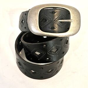 Fossil Diamond Laser Cut Tooled Leather Belt Sz S Black