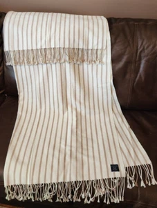 Lands’ End Blanket Throw 64X50 Inches  Cotton Blend Striped  Beige White - Picture 1 of 6