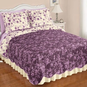 PURPLE ROSE FLORAL REVERSIBLE KING SZ QUILT & SHAMS- 2 TONE SCALLOPED EDGE - Picture 1 of 1