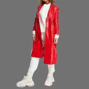 Women Red Vinyl Trench Coat Glossy Raincoat Waterproof Shinny Sicker Jacket - Picture 1 of 4