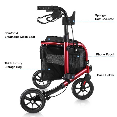 Rollator Rolling Walker with Seat for Senior 3-Wheel Lightweight Foldable Red US - Image 1 of 4