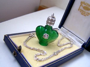 VINTAGE STERLING SILVER GLASS PERFUME BOTTLE PENDANT 28" NECKLACE CHATELAINE - Picture 1 of 21