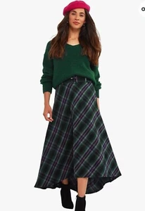 JOE BROWNS Tartan Style Dip Hem Long Belted Flared Skirt UK 10 Green Pink - Picture 1 of 15