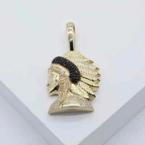 Yellow Gold Plated Silver 1.10Ct Round Cut White Moissanite Indian Chief Pendant - Picture 1 of 10
