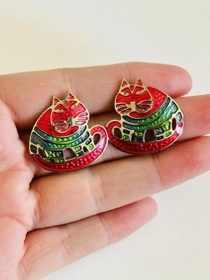 Berebi Cat Earrings VTG Pierced Rare Drop Statement Pink Enamel Chunky Flashy - Image 1 of 4