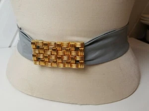 Vtg 1980s Gray Gold Leather Belt Buckle Sz S 26-28 in  - Picture 1 of 6