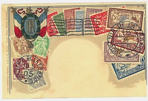 24.-PPC POSTAL FRANCIA SELLOS MONTAJE ESCUDO DE ARMAS EN RELIEVE - Imagen 1 de 2