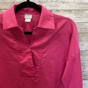 Chicos Dolman Womens 00 Shirt Popover Pink Poplin Tunic 3/4 Sleeve Stretch Vneck - Picture 1 of 9
