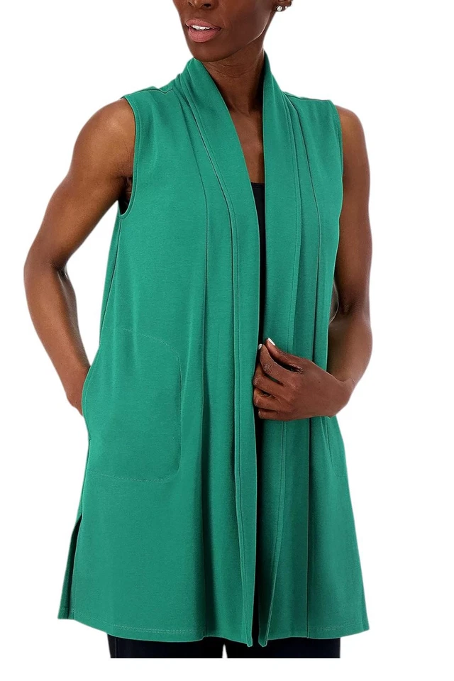 Isaac Mizrahi Live! Chaleco para mujer Essentials frente abierto verde Foto 1 de 1