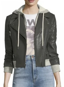 AO.LA Alice + Olivia AVRIL Sweatshirt Lambs Leather Moto Jacket Charcoal Small - Picture 1 of 10