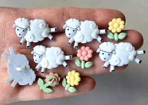 Craft Buttons COUNTING SHEEP Baby Lamb Easter Flowers Farmer Sewing Card Making - Picture 1 of 4