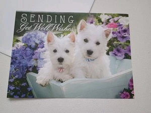 Get Well Soon Greeting Card with Matching Envelope White Puppy Dogs Flowers - Picture 1 of 7