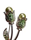 Vintage Silver Tulip Brooch Rhinestone Green Crystal Pin Faux Pearl Jewelry