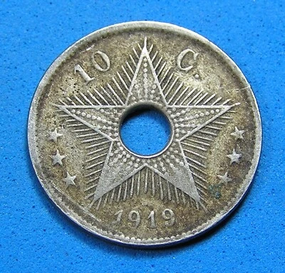 Belgian Congo 10 Centimes Copper-Nickel Coin 1919, 22 mm, Combined Shipping - Image 1 of 2