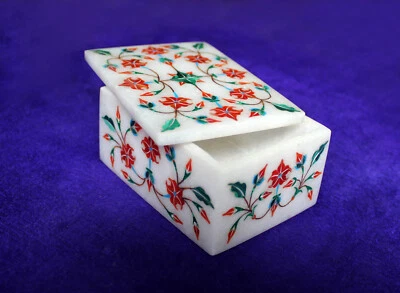 4" x 3" Marble Trinket Ring Box Semi Precious Stones inlay Work art - Image 1 of 4