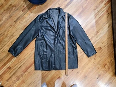 Gabardina de cuero genuino Banana Republic para hombre años 90 talla L negra ángel Foto 1 de 4