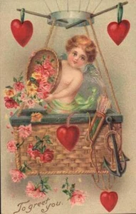 1909 Germany embossed CUPID HOT AIR BALLOON VALENTINE postcard. Brundage? - Picture 1 of 2