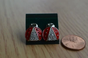 0.40ct Moissanite Ladybug Earrings Red Enamel & Platinum over Fine Silver ~ Nice - Picture 1 of 9