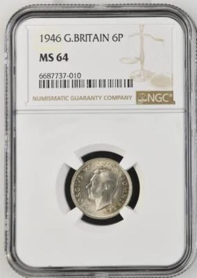 Great Britain 6 Pence 1946 NGC MS 64 - Image 1 of 2