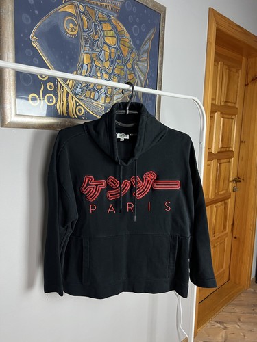 Felpa con cappuccio Kenzo Big Logo stile giapponese nera donna manica 3 4 taglia XS