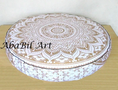 35X35" New Extra Large Round White Golden Floor Decorative Cushion Pillow Covers - Image 1 of 4
