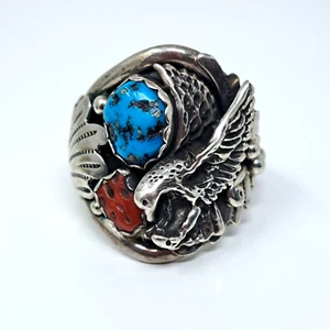 Richard Begay RB Navajo Sterling Silver Men Turquoise Coral Eagle Ring 13.25 - Picture 1 of 11
