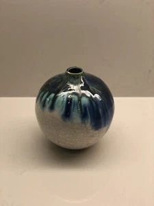 Studio Pottery Small Weed Vase Raku Glaze Signed Blue White - Picture 1 of 9