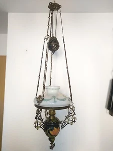 alte Majolika Hänge Petroleumlampe für Bauernstube, original Jugendstil, um 1900 - Bild 1 von 12