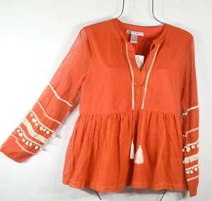 New Women's Shirt L Spring Orange Embellished Tie Neck Peasant Blouse Top NWT - Picture 1 of 12