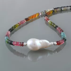 Handmade Natural Multi Tourmaline 4-5mm Beads Chain 925 Silver Strand Necklace - Picture 1 of 6