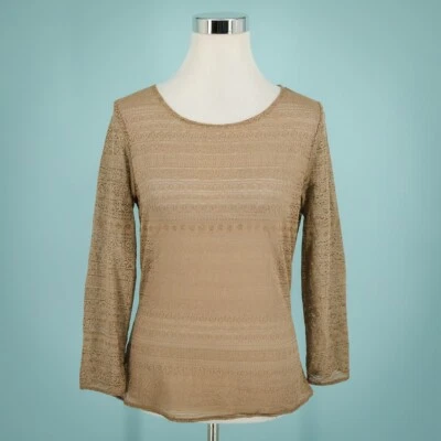 Top Josie Natori Talla Grande L Tostado Semi Transparente Encaje Malla Cuello Redondo Manga Larga Foto 1 de 4