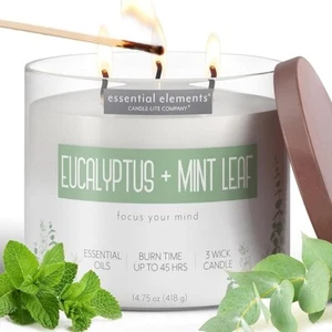 Candle-Lite Essential Elements 3-Wick Jar Candle Eucalyptus & Mint Leaf 14.75 oz - Picture 1 of 2