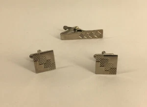 Vintage Mens Cufflinks and Tie Clasp Clip Bar Set Silver Tone Art Deco Unsigned - Picture 1 of 5
