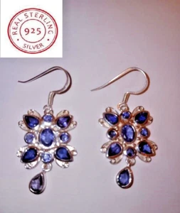 8 ctw Unique Natural Multi Shape Faceted Navy Blue Iolite 925 Silver Earrings - Picture 1 of 4