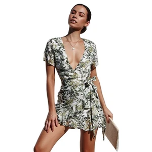 Mujeres Elegante Vestido Estampado de Flores Cuello en V Profundo Mangas Cortas Con Cordones Volantes2057 - Imagen 1 de 13
