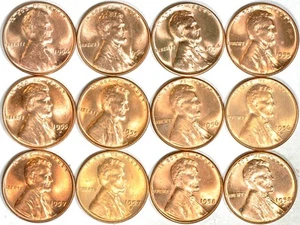 1954-1958 P,D,S 1C Lincoln Wheat Cents Set (12-Coin Set) Gem UNC RD - Picture 1 of 2