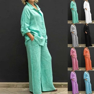 Lapel Shirt Two Pieces Set Solid Blouse with Straight Pants for Women's - Image 1 of 4