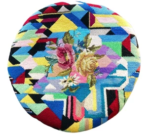 Vintage Antik Rund Blumen Mitte Bunt Nadelspitze Gobelin Stuhl Sitzkissen - Bild 1 von 4