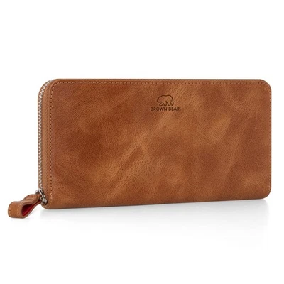 Brown Bear Echtleder Geldbörse Reißverschluss Damen Lang Cognac-Vintage