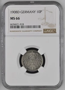 Coin Empire 10 Pfennig 1908 D NGC MS 66 Gorgeous TOP POP 3/0 nswleipzig - Picture 1 of 3