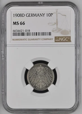 Coin Empire 10 Pfennig 1908 D NGC MS 66 Gorgeous TOP POP 3/0 nswleipzig - Image 1 of 3